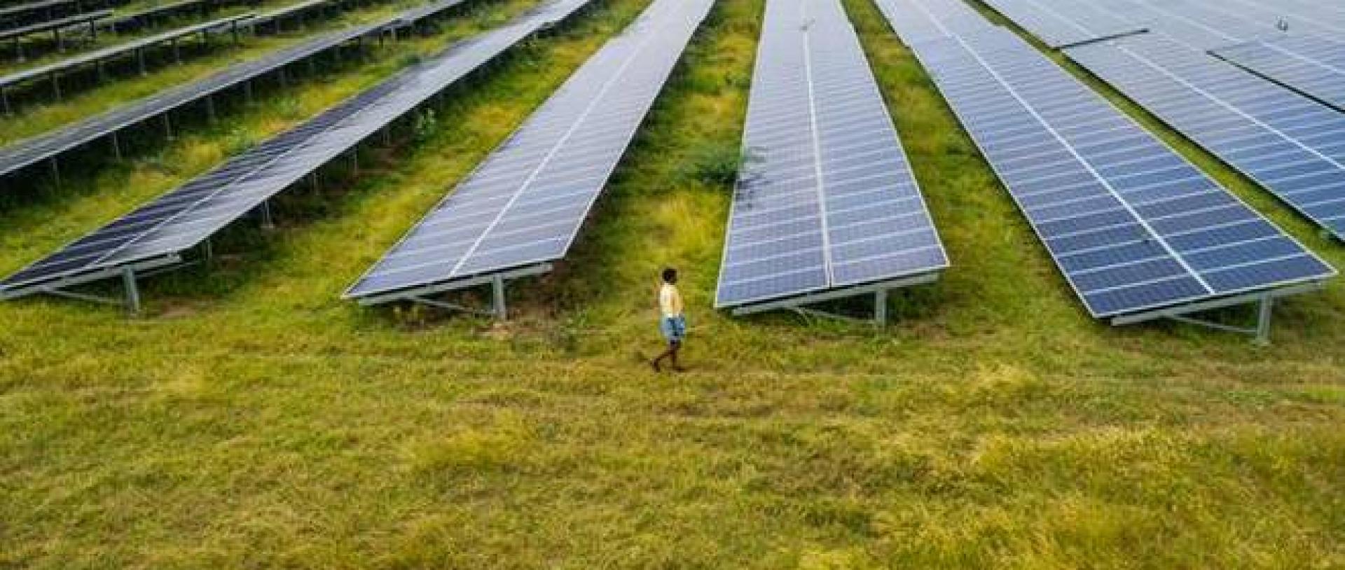 Aerial view of the Pavagada Solar Park, spread across 53 sq. km., in Tumukuru, Karnataka.   | Photo Credit: Getty Images